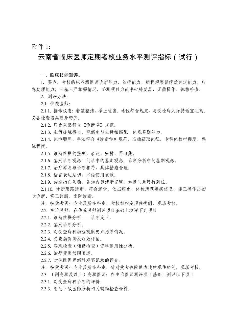 云南省临床医师定期考核业务水平测评指标_第1页