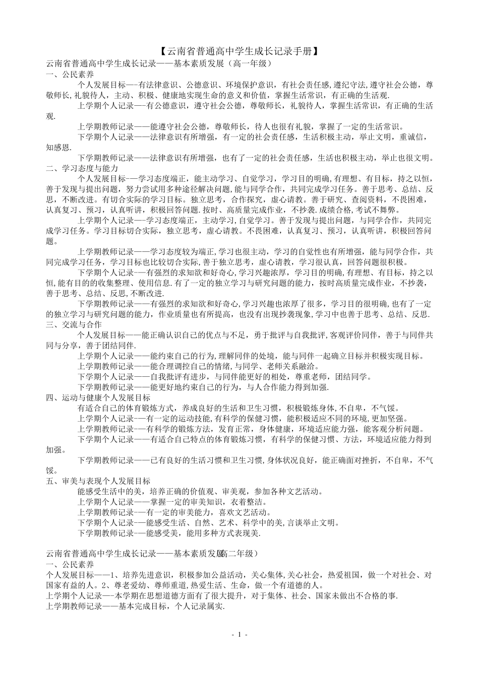 云南省普通高中学生成长记录手册[范本模板]_第1页