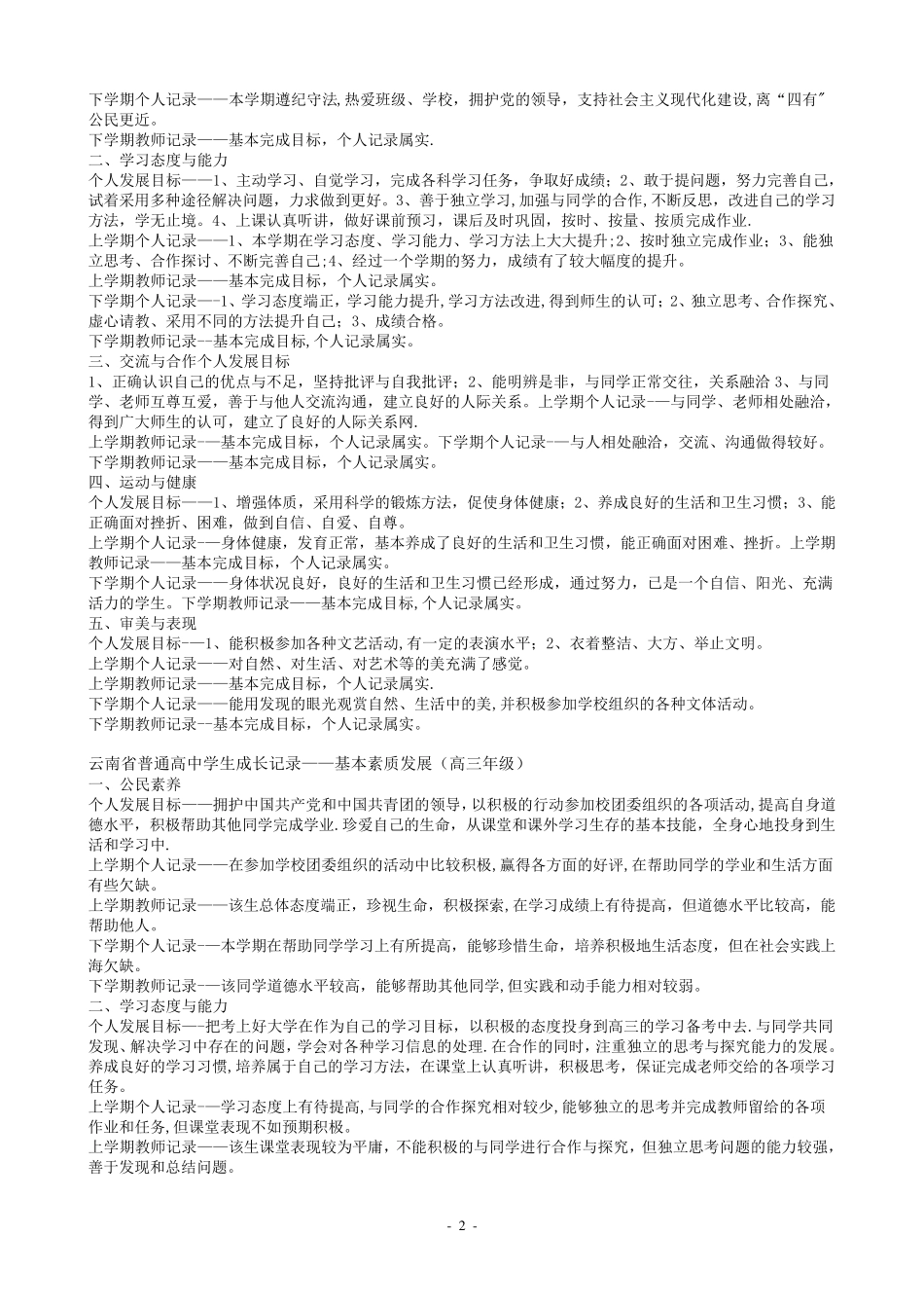 云南省普通高中学生成长记录手册[范本模板]_第2页