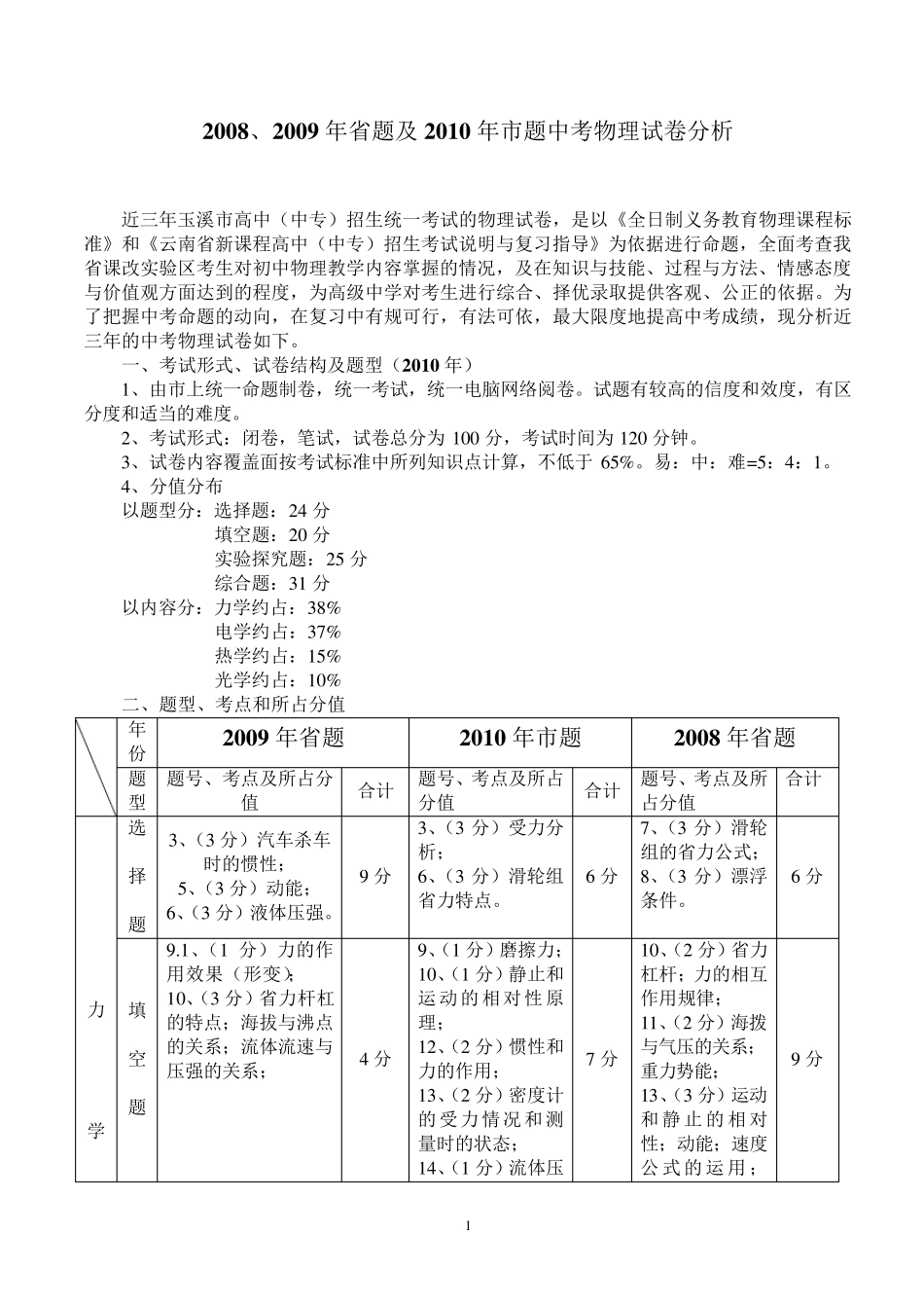 云南省近三年物理中考试卷分析_第1页