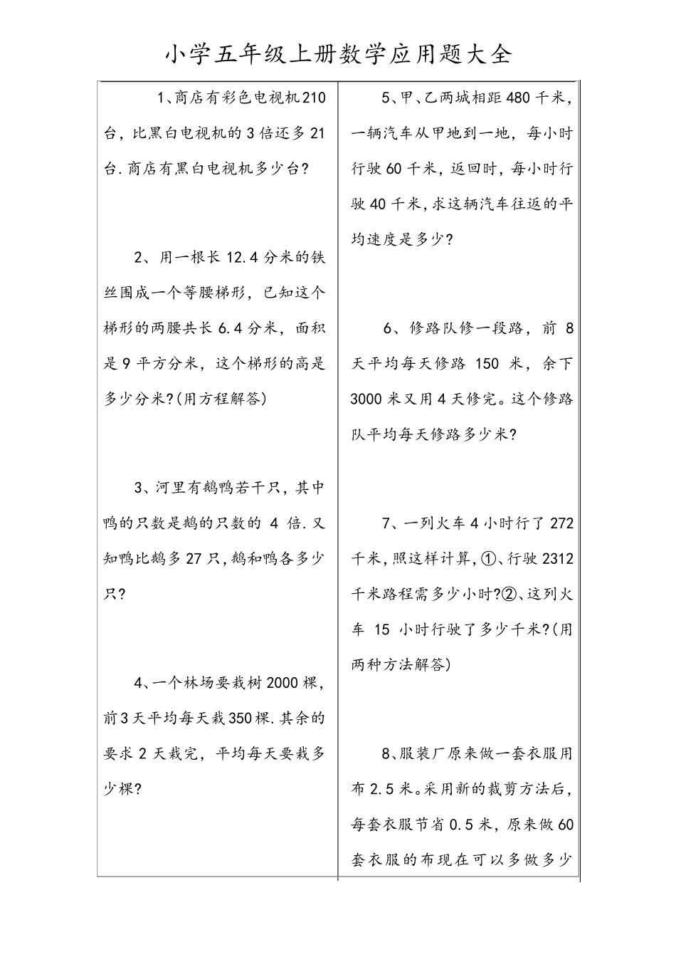 五年级(上册)数学应用题大全及答案_第1页