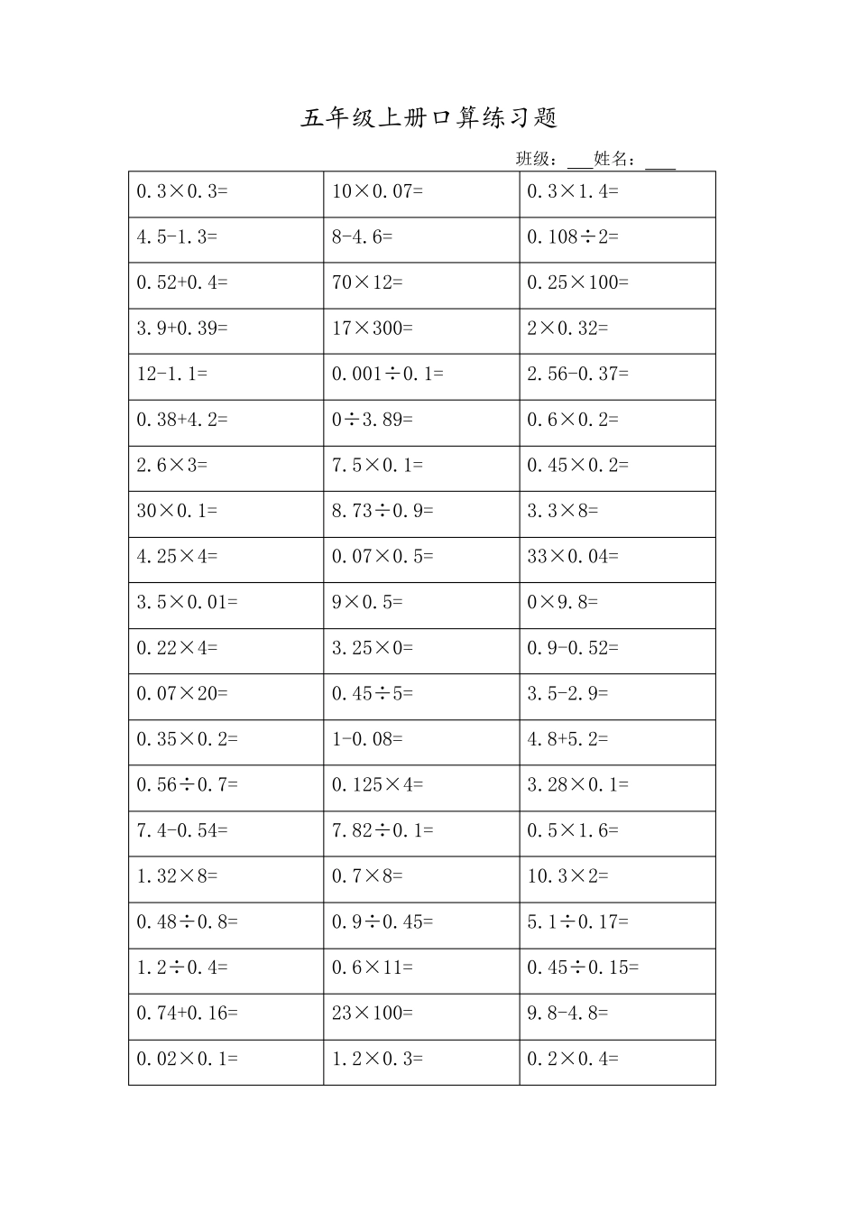 五年级上册口算题大全_第1页