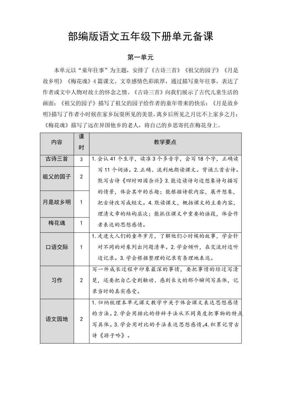 五年级下册语文教案单元备课人教部编版_第1页