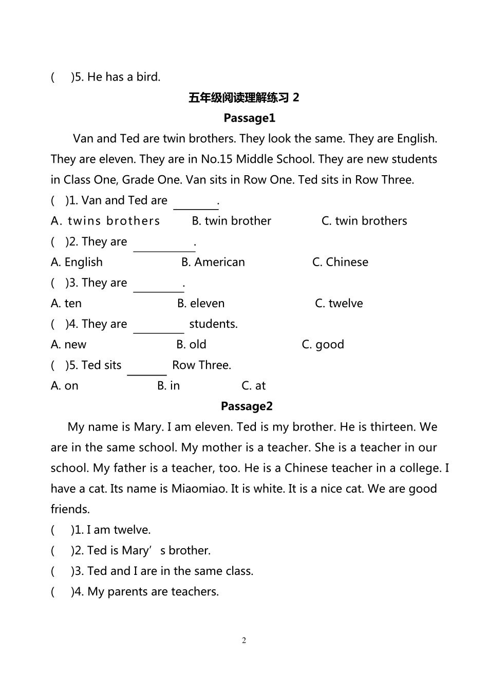 五年级英语阅读理解专项训练题及答案_第2页