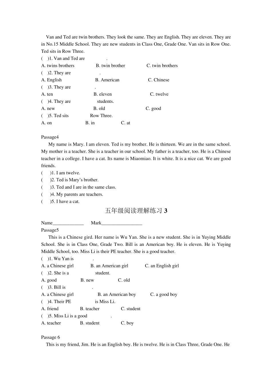 五年级英语阅读理解练习题集锦_第2页