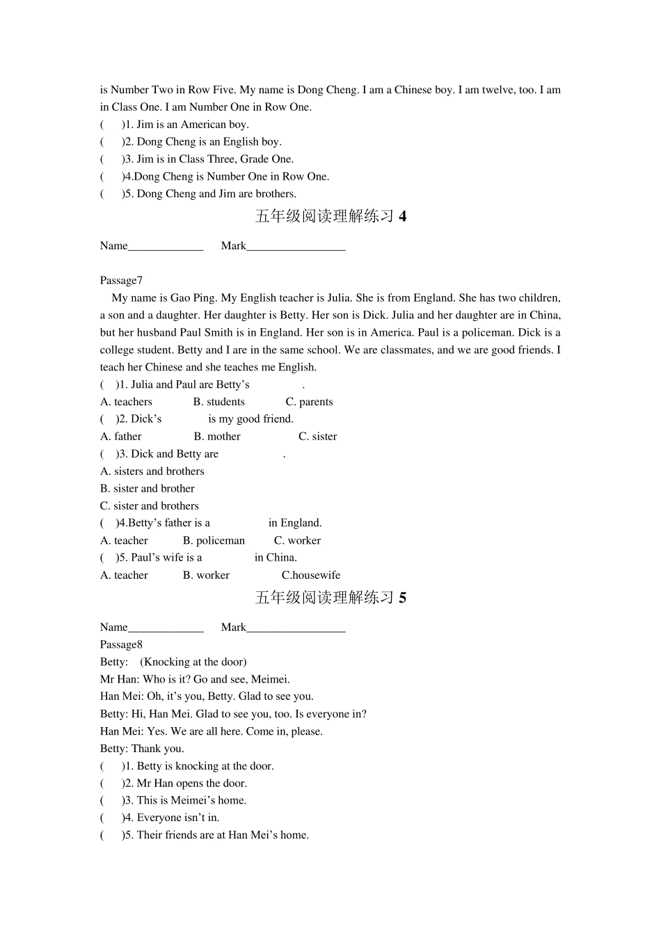 五年级英语阅读理解练习题集锦_第3页