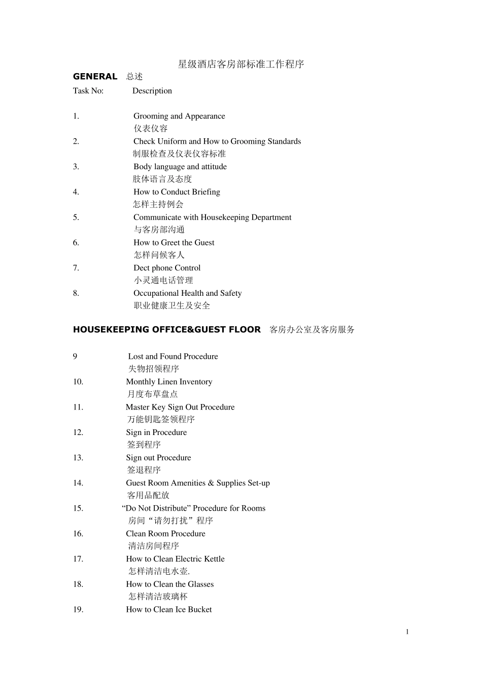 五星级酒店客房部标准工作程序sop(中英文)_第1页