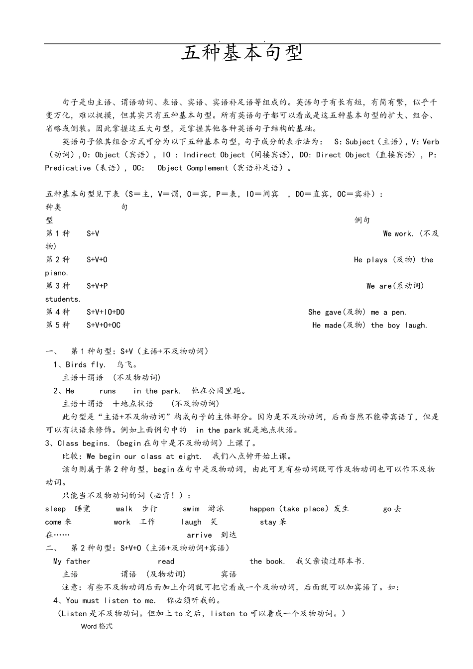 五种基本句型(含练习和答案)_第1页