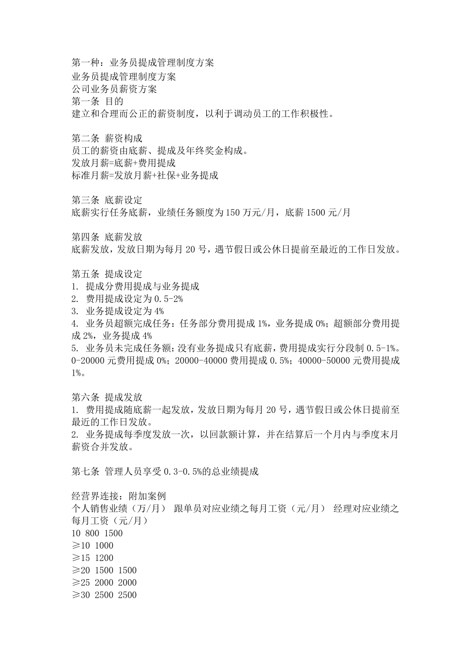 五种销售人员_业务员提成管理制度方案汇总(销售部值得收藏)_第1页