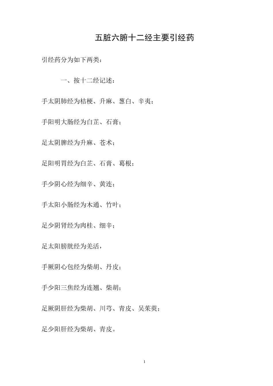 五脏六腑十二经主要引经药_第1页