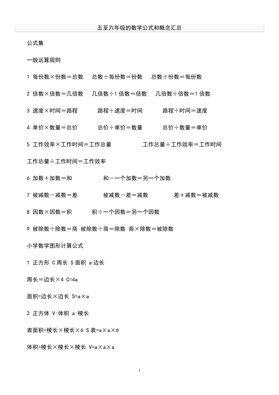五至六年级的数学公式和概念汇总_第1页