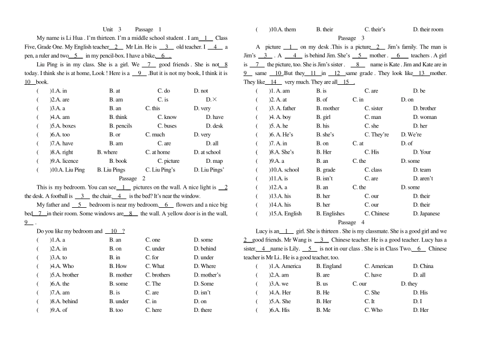 初一(七年级)英语完形填空100篇_第3页
