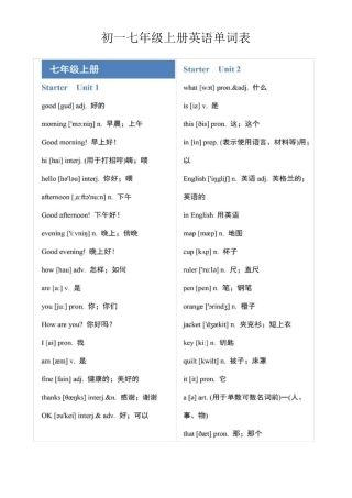 初一七年级上册英语单词表