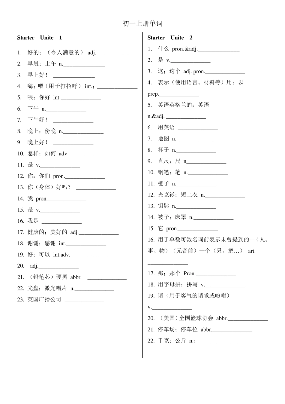 初一上册英语单词(听写用)_第1页