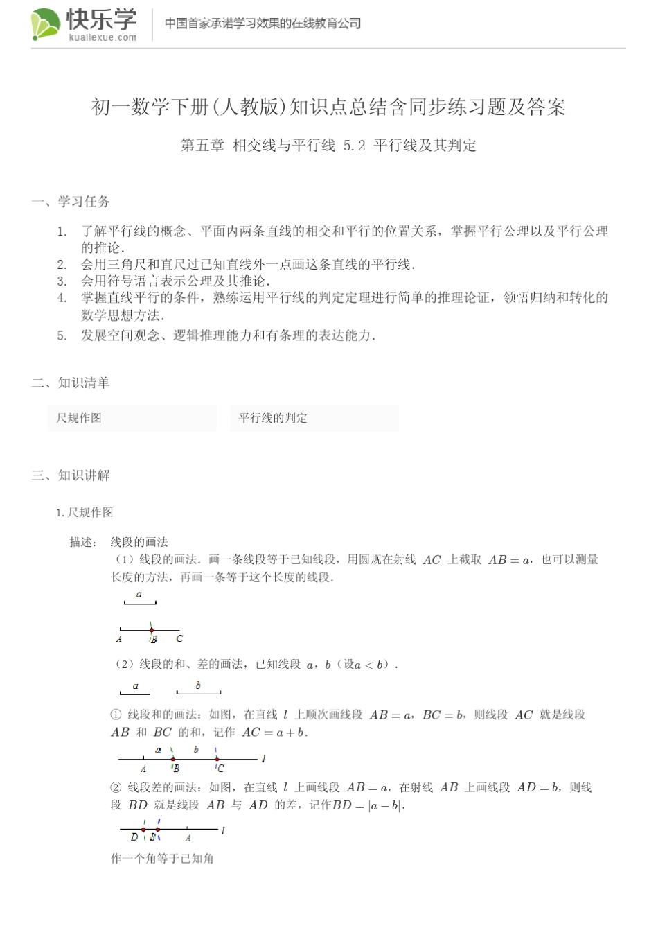 初一数学下册第五章5.2知识点总结含同步练习及答案_第1页