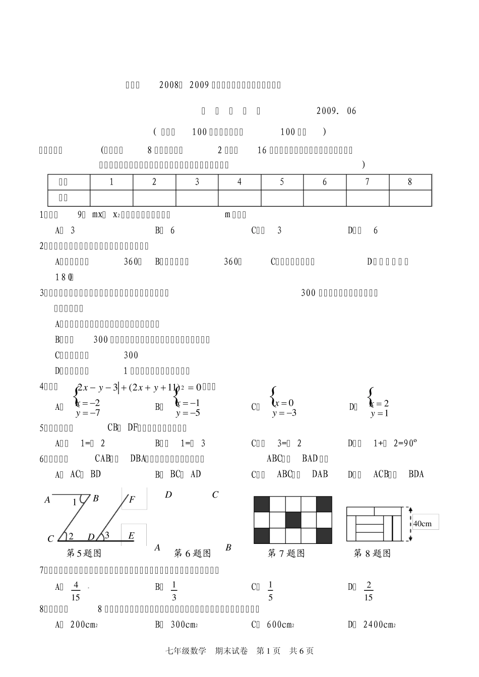 初一数学下学期期末测试卷_第1页