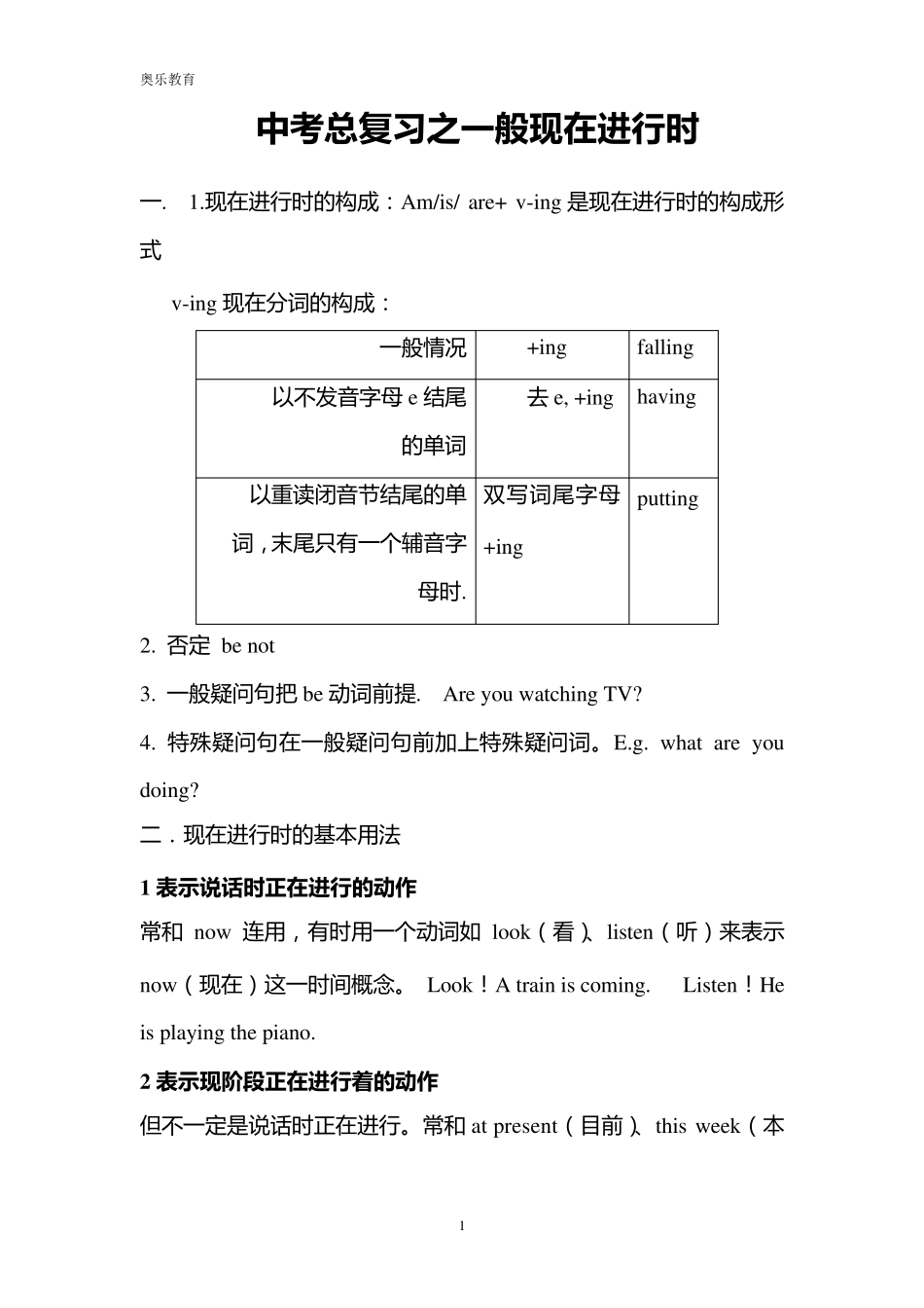 初一现在进行时讲解练习及答案_第1页