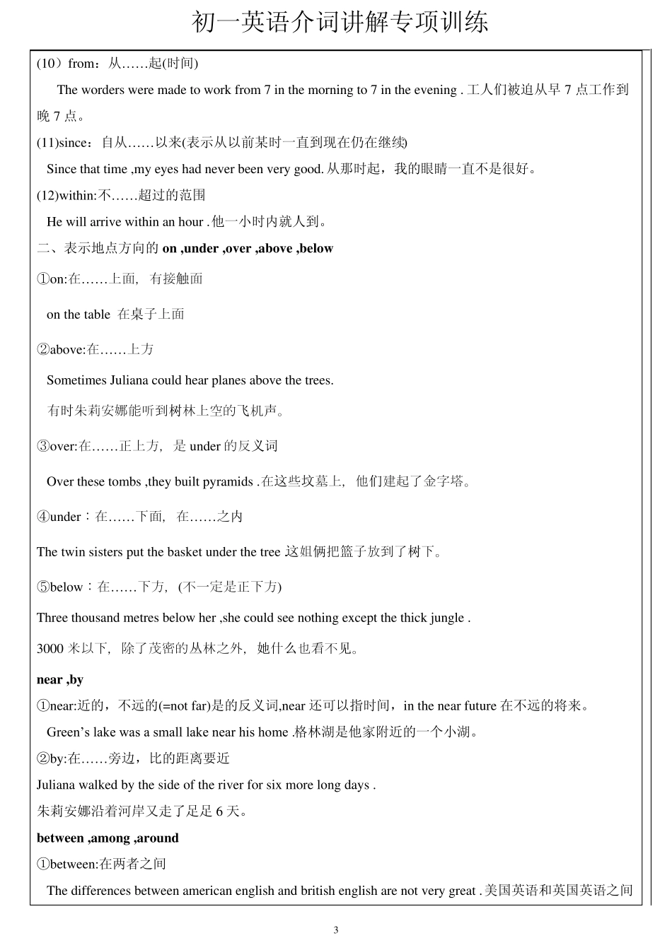 初一英语介词讲解专项训练_第3页