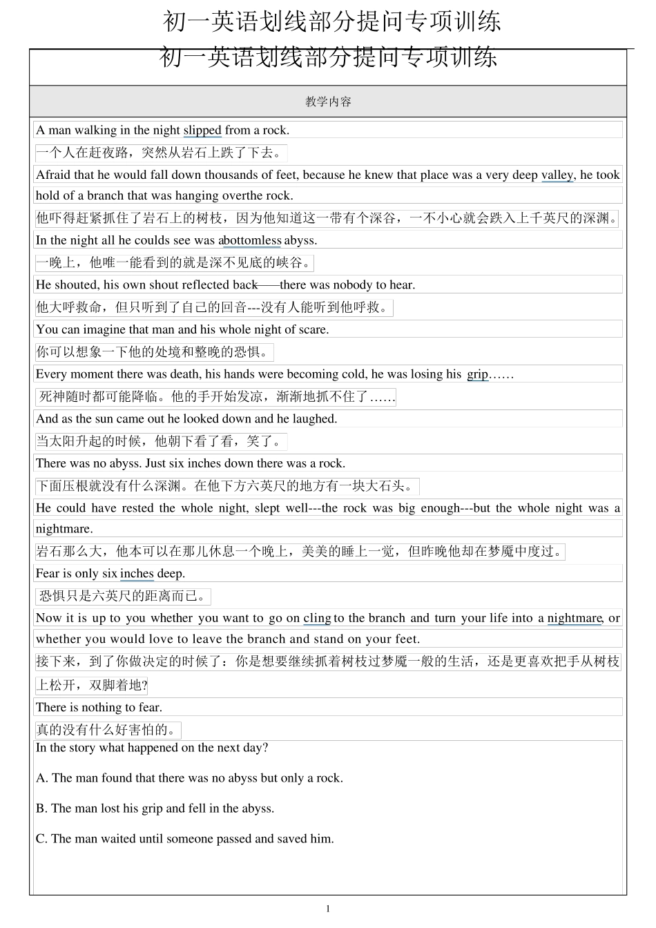 初一英语划线部分提问专项训练_第1页