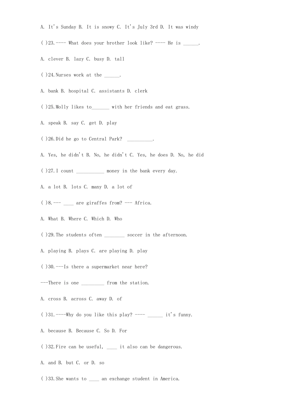 初一英语单项选择题专练题及答案_第3页