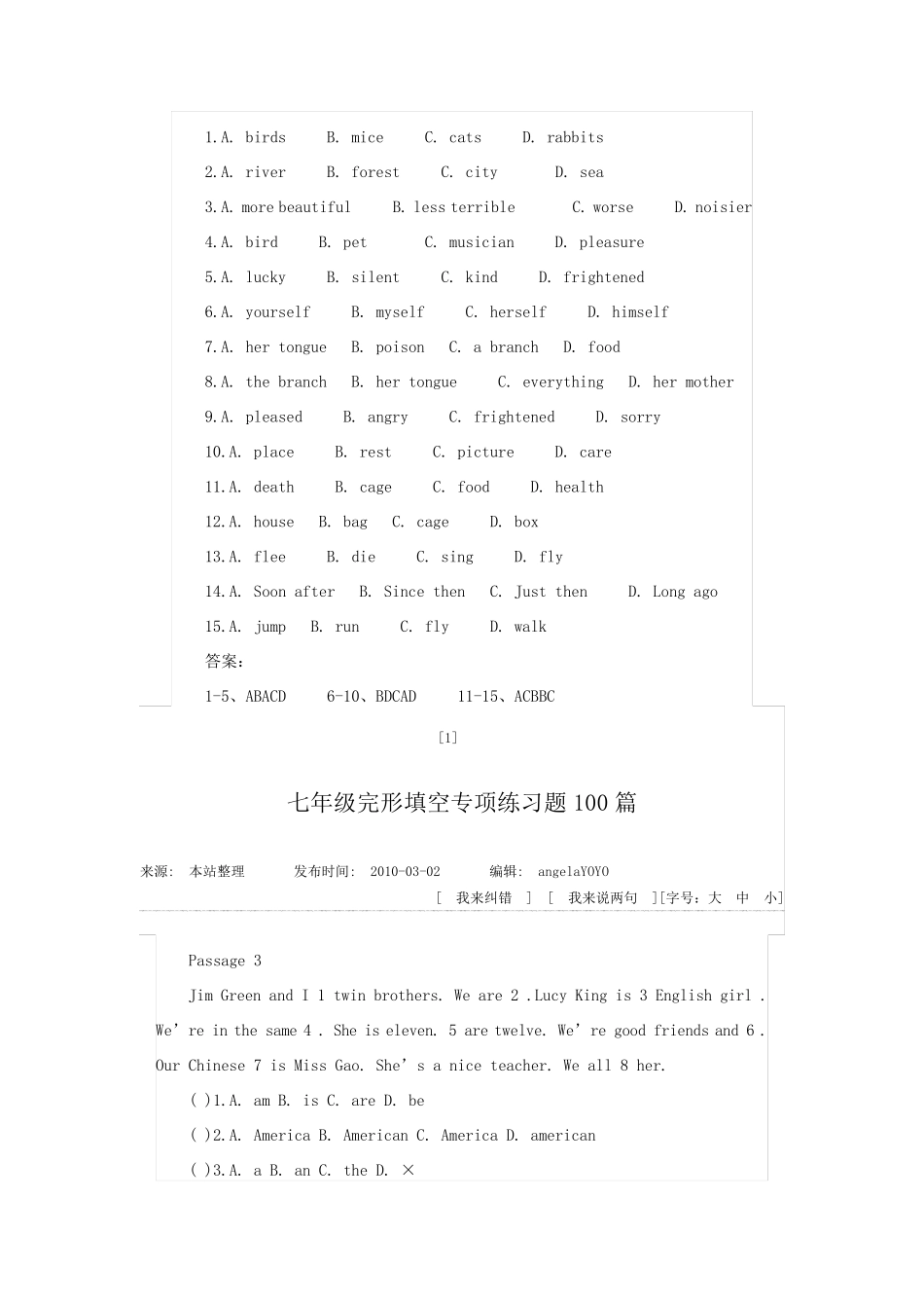 初一英语完型填空专项训练_第2页