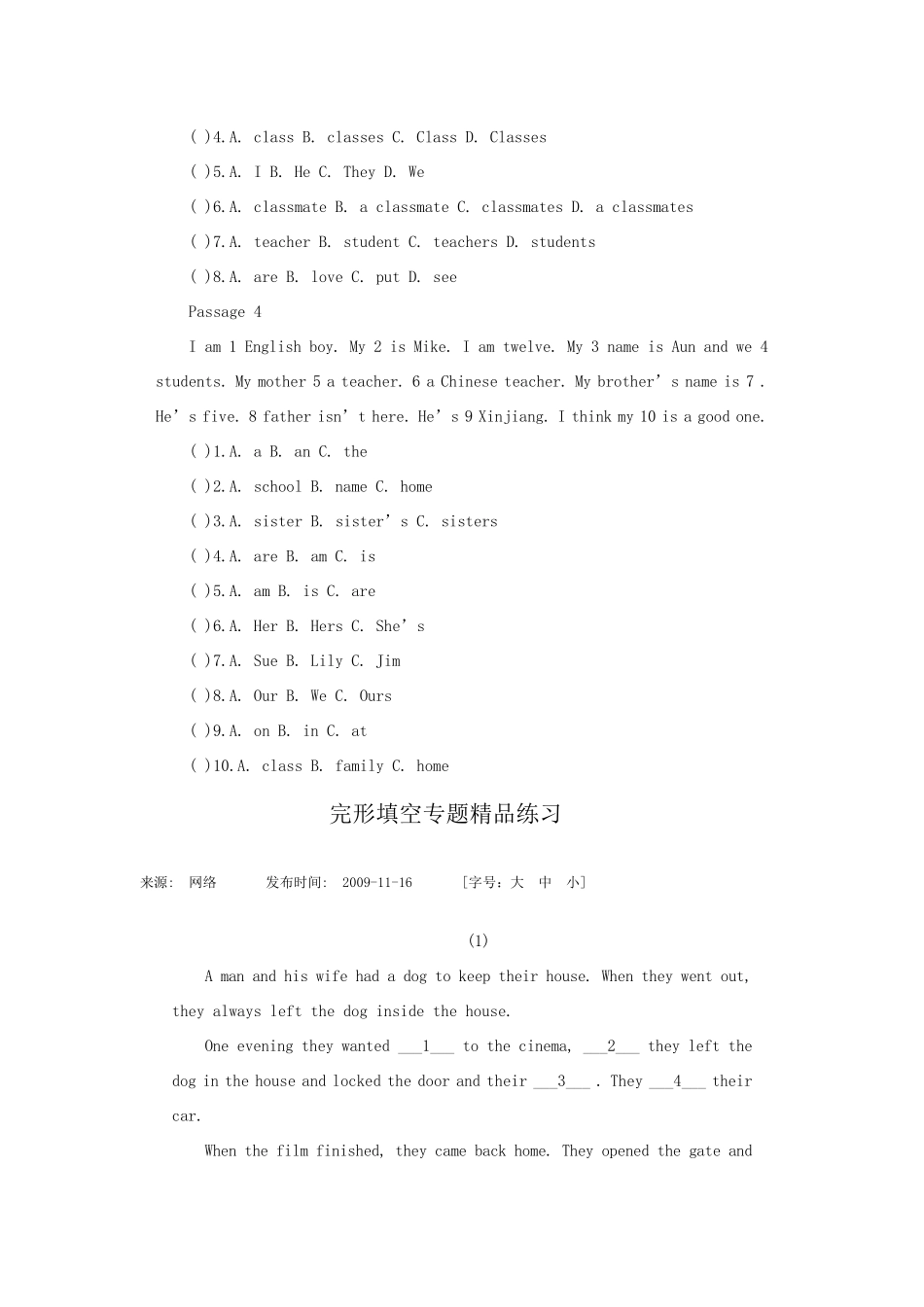 初一英语完型填空专项训练_第3页