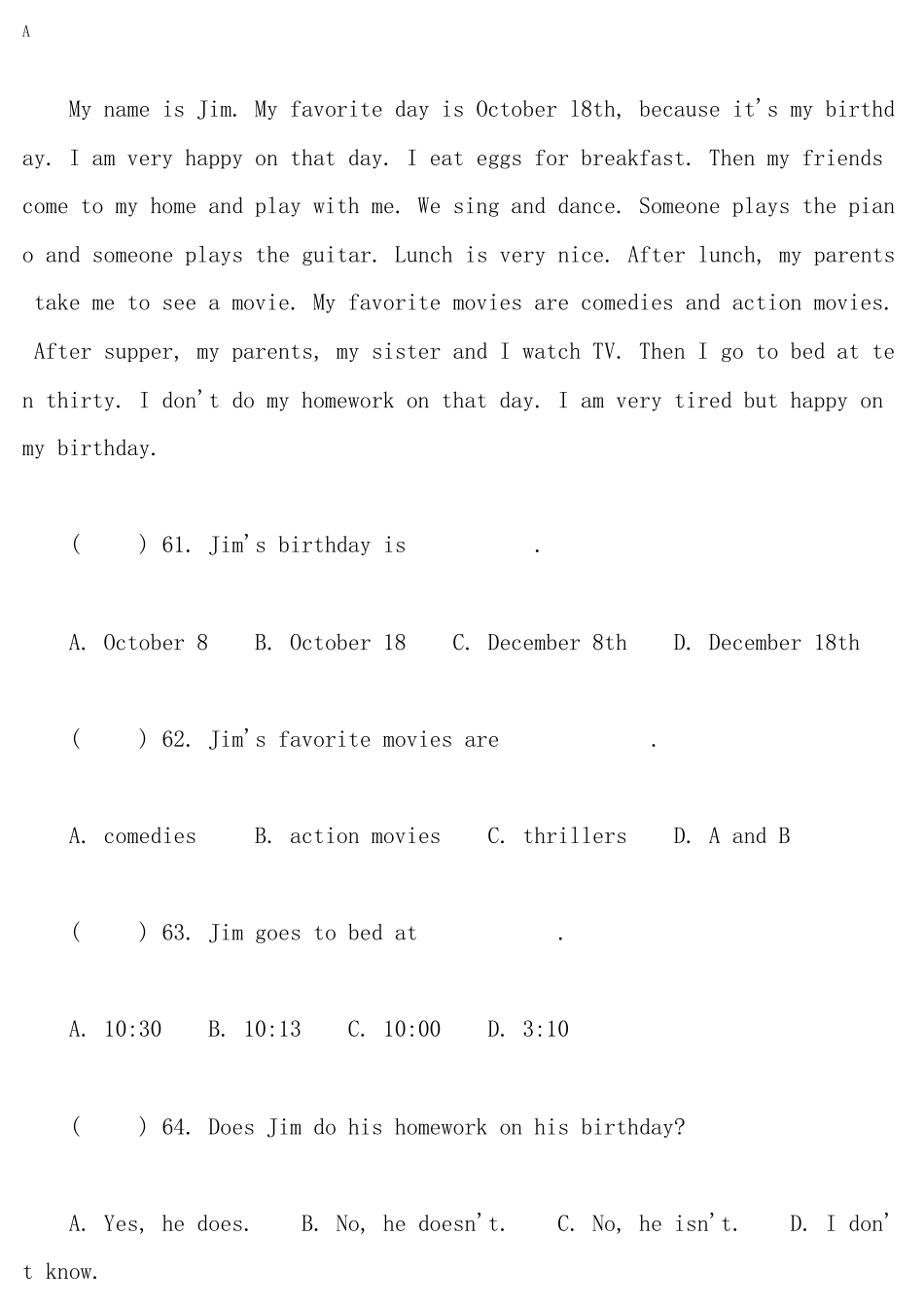 初一英语提高训练阅读理解_第1页