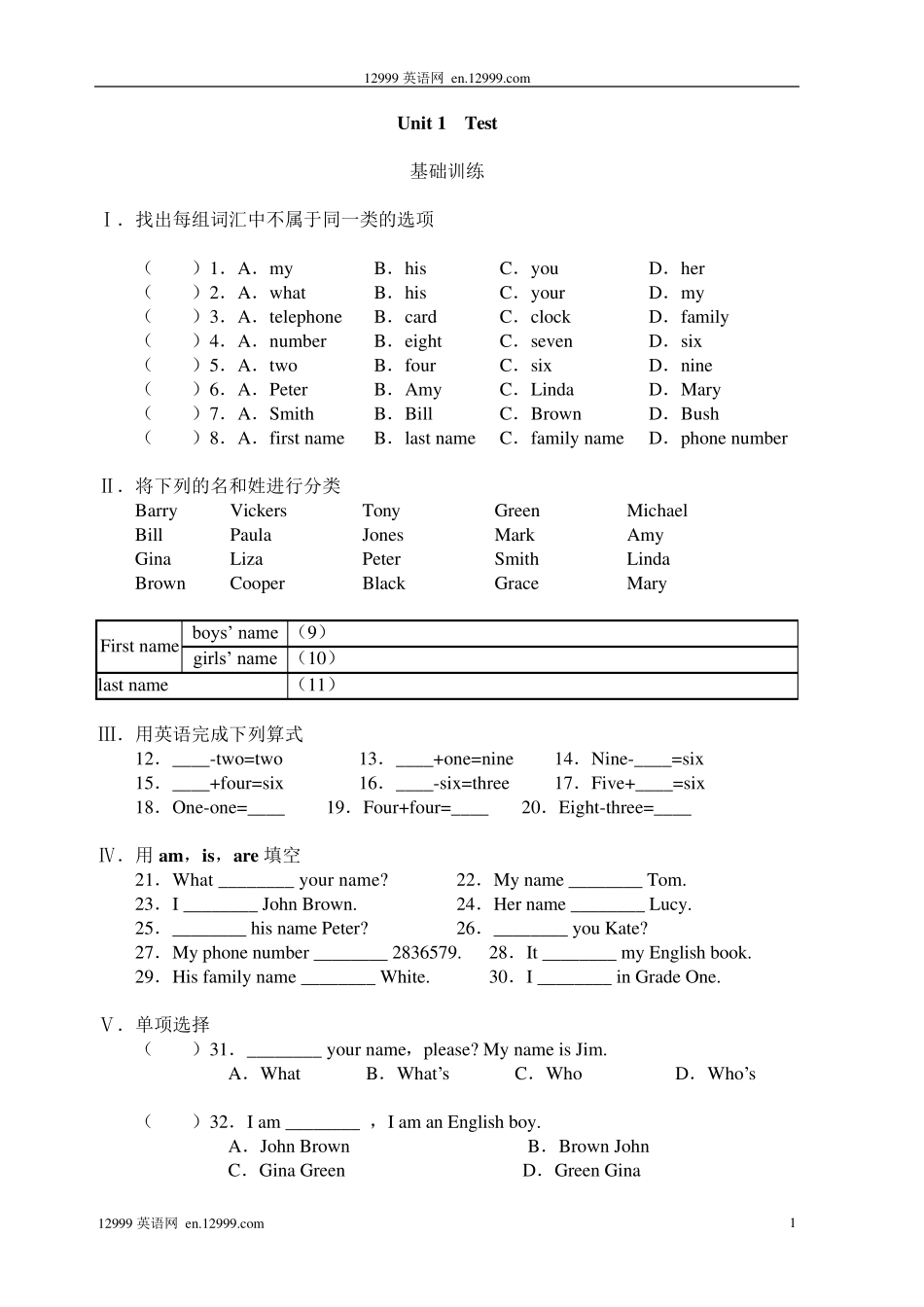 初一英语练习题及答案精编12套_第1页