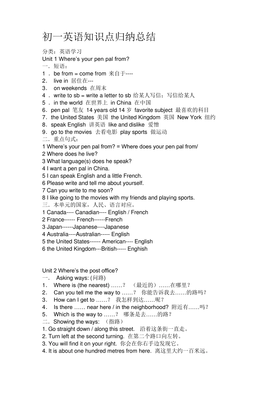 初一英语语法及主要知识点归纳总结_第1页