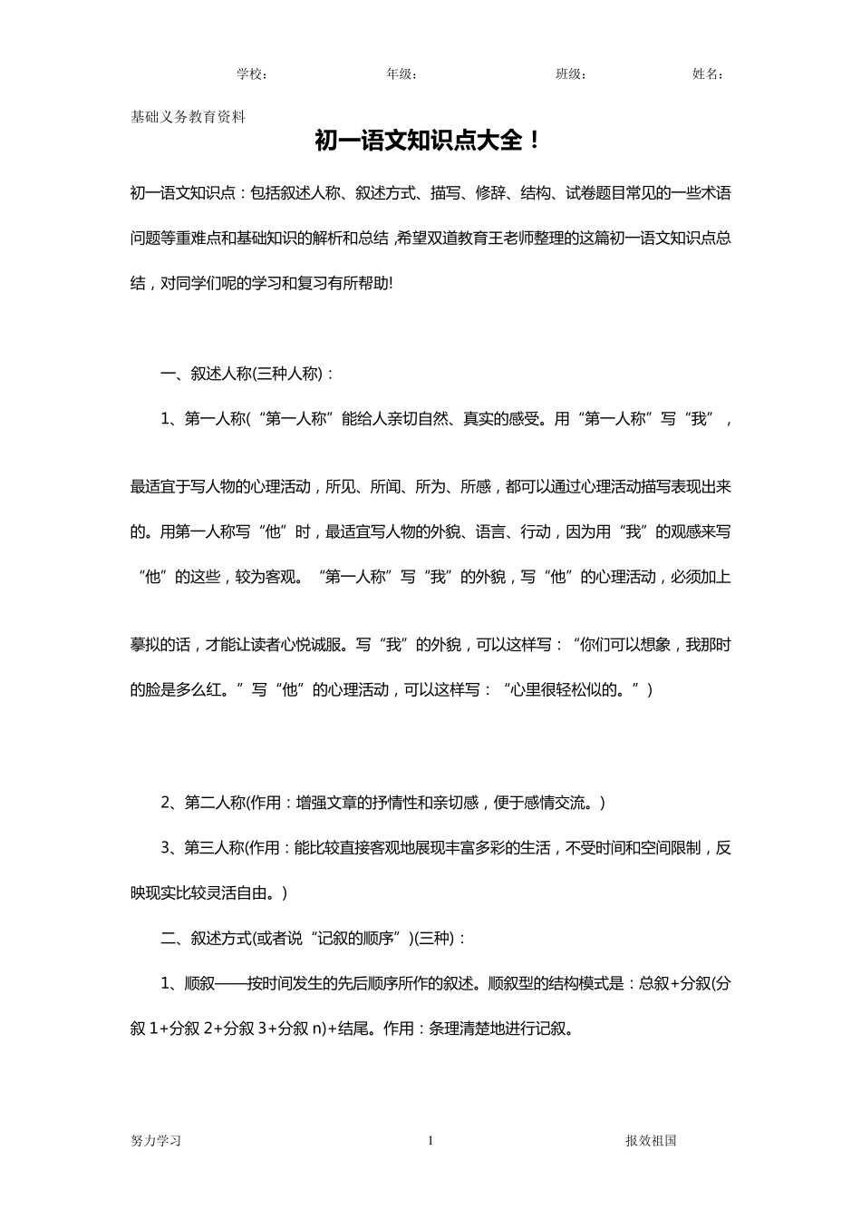 初一语文知识点大全!_第1页