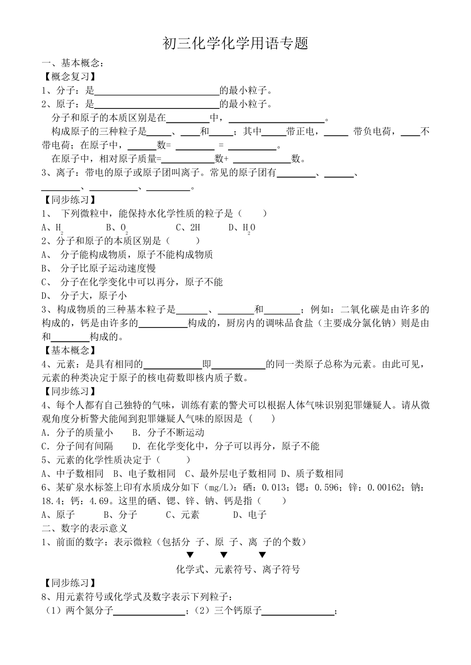 初三化学化学用语专题复习_第1页