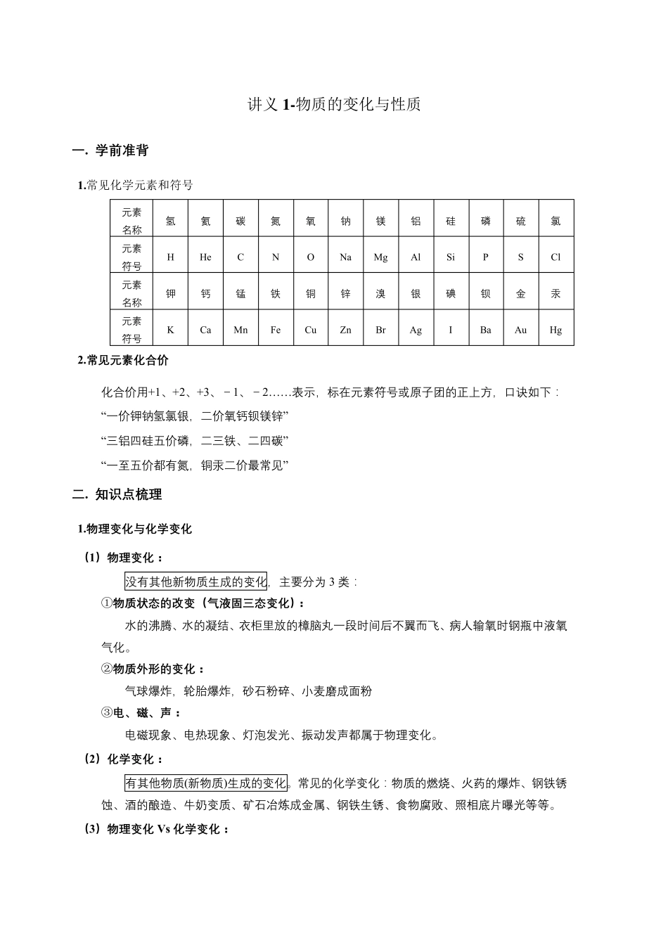 初三化学变化与物理变化(带习题与答案)_第1页