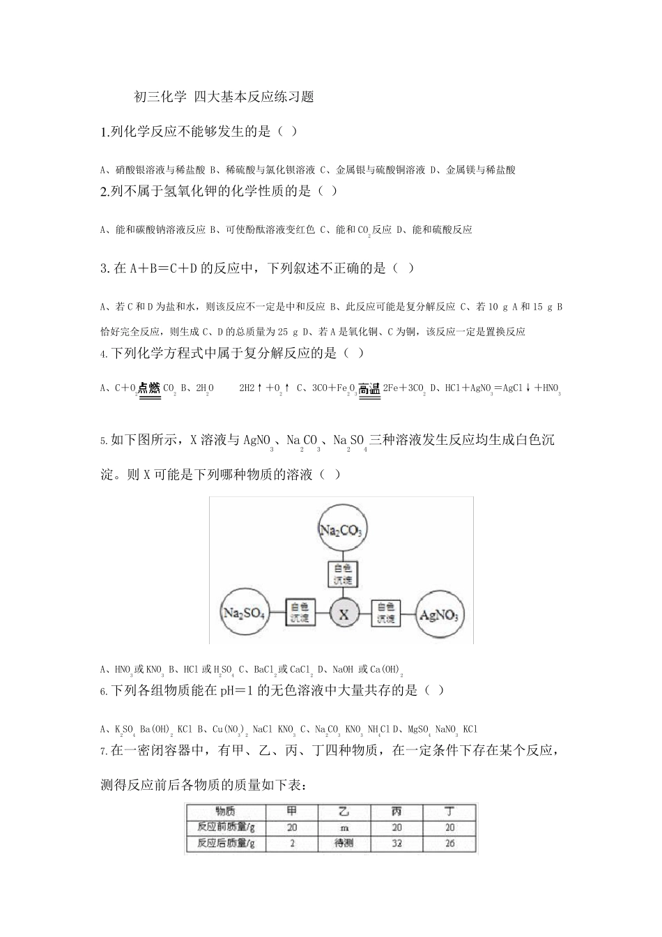 初三化学四大基本反应练习题_第1页