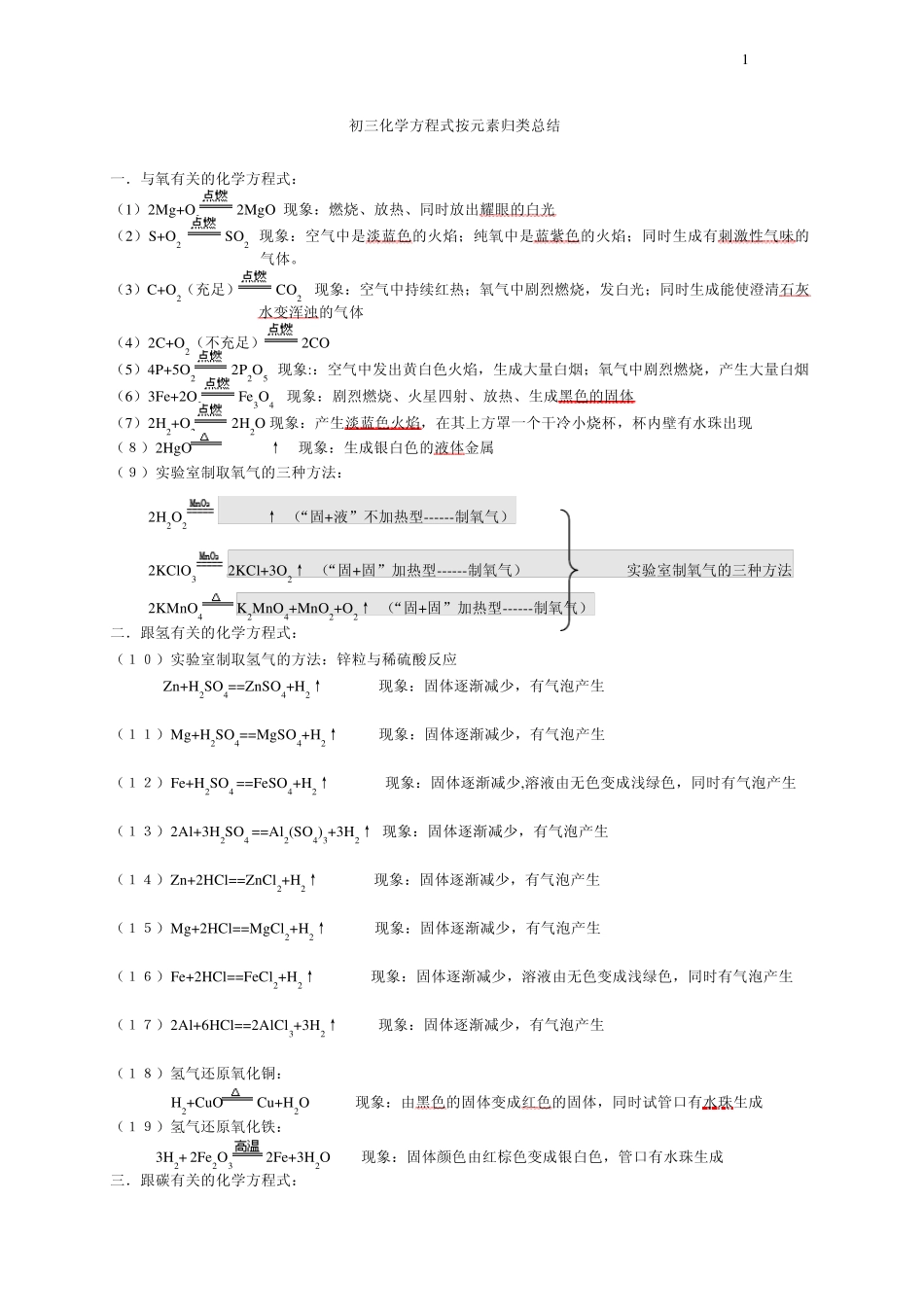 初三化学方程式及现象按元素归类总结_第1页