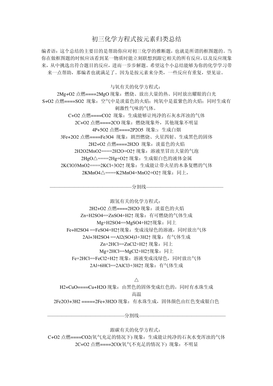 初三化学方程式总结及现象免费_第1页