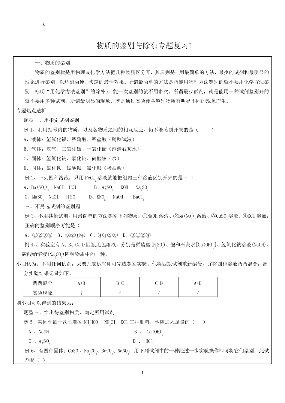 初三化学物质的鉴别与除杂专题练习_第1页