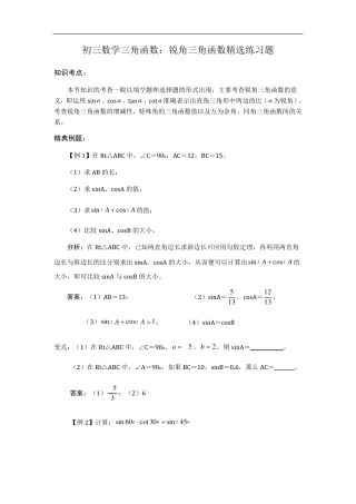 初三数学三角函数：锐角三角函数练习题