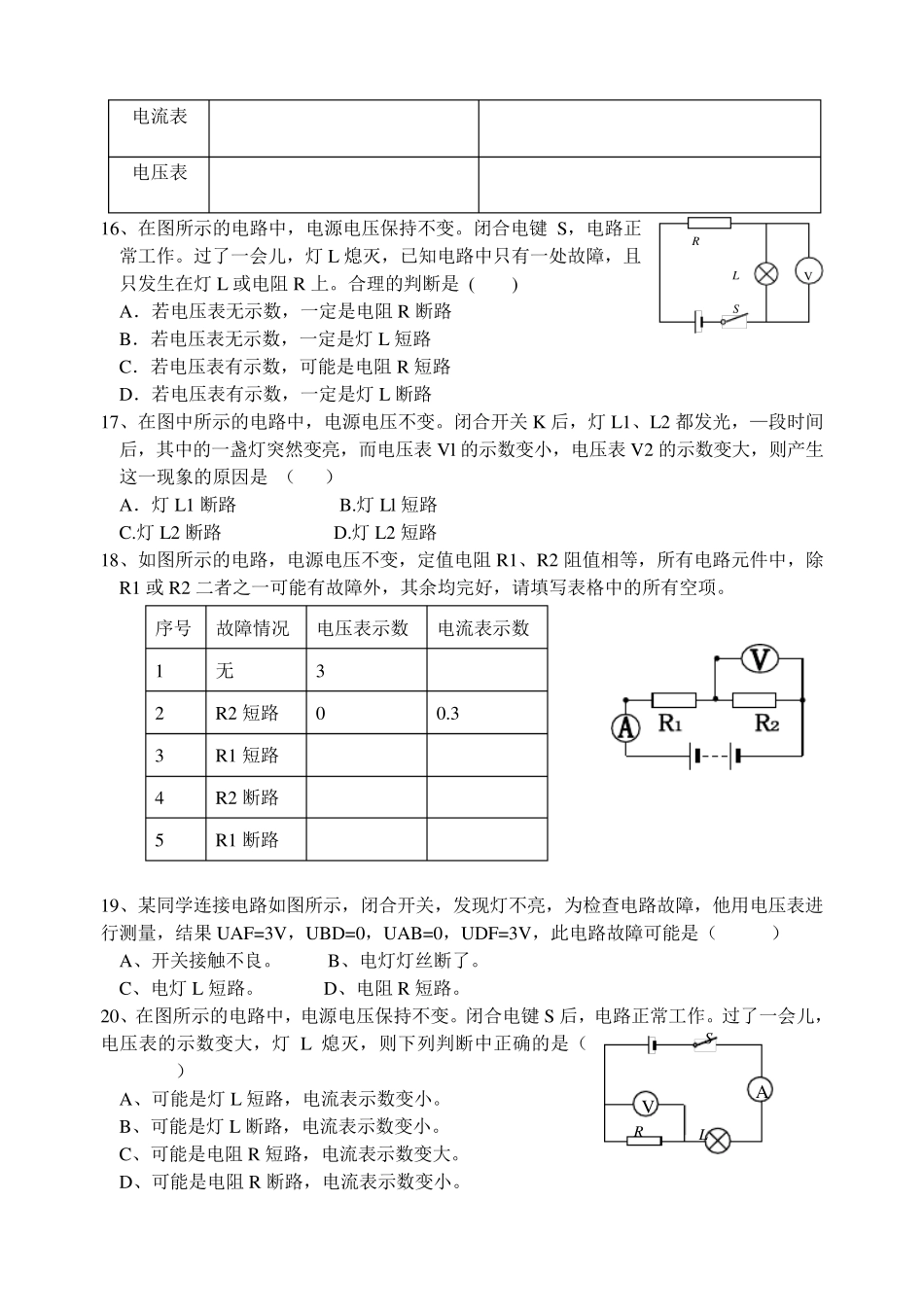 初三物理电路故障专题练习_第3页