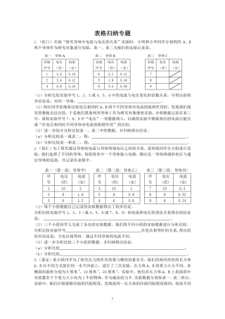 初三物理第一学期表格归纳练习题