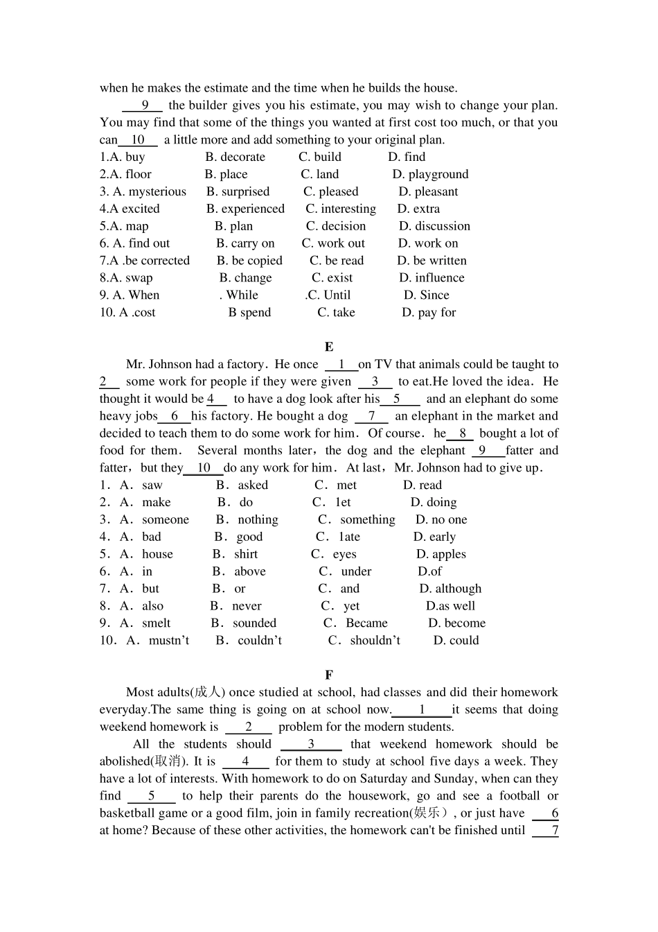 初三英语完形填空专练(共100小题;每题1分)_第3页