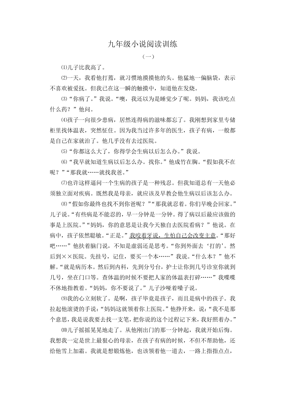 初三语文小说阅读训练及答案_第1页