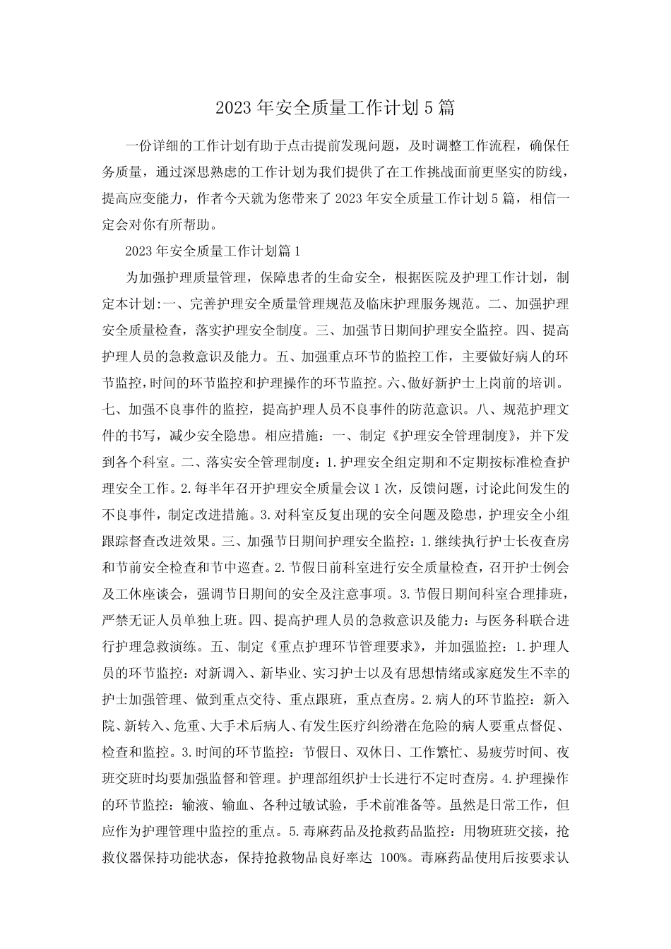 2023年安全质量工作计划5则_第1页