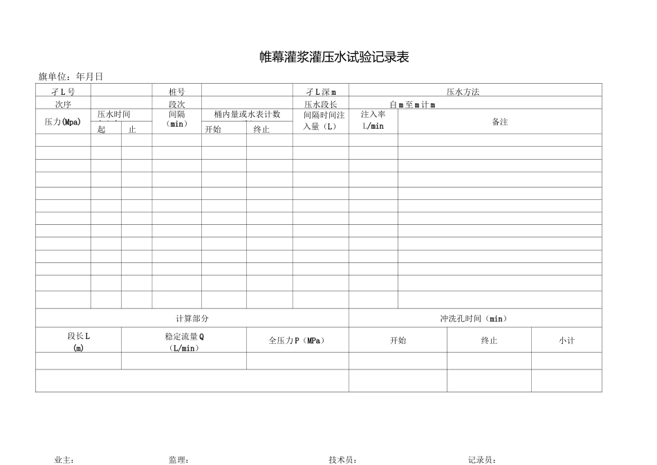 帷幕灌浆灌压水试验记录表_第1页