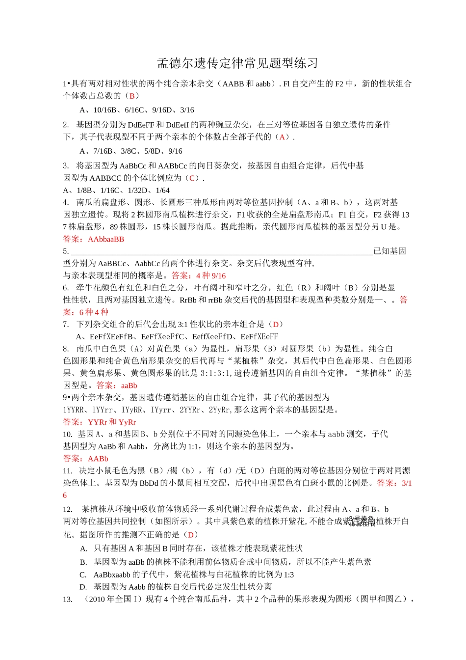 孟德尔遗传定律常见题练习_第1页