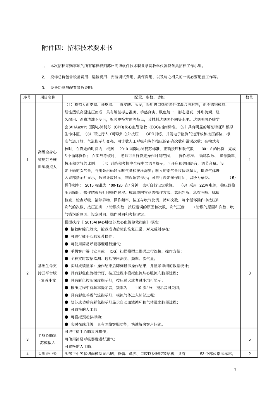 护理类综合实训设备功能参数表-苏州高博软件技术职业学院_第1页