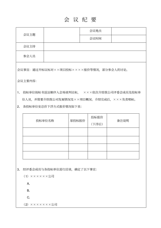 招投标会议纪要样板
