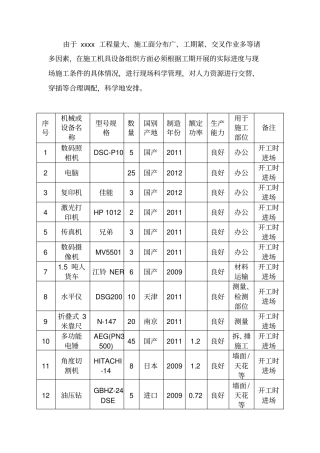 拟投入的主要施工机械设备情况及主要施工机械进场时间计划