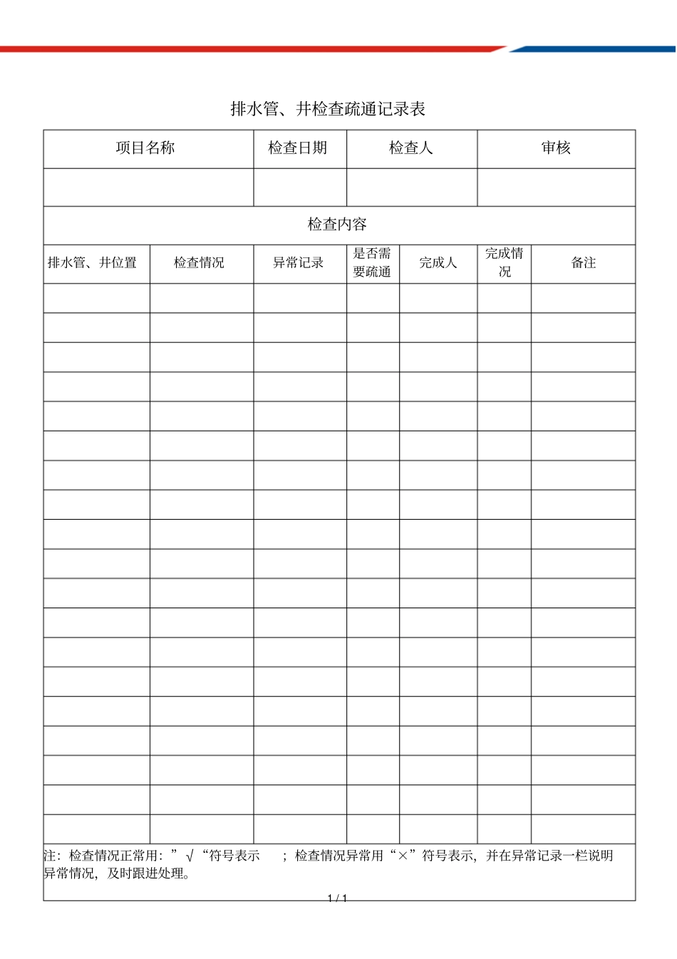 排水管、井检查疏通记录表_第1页