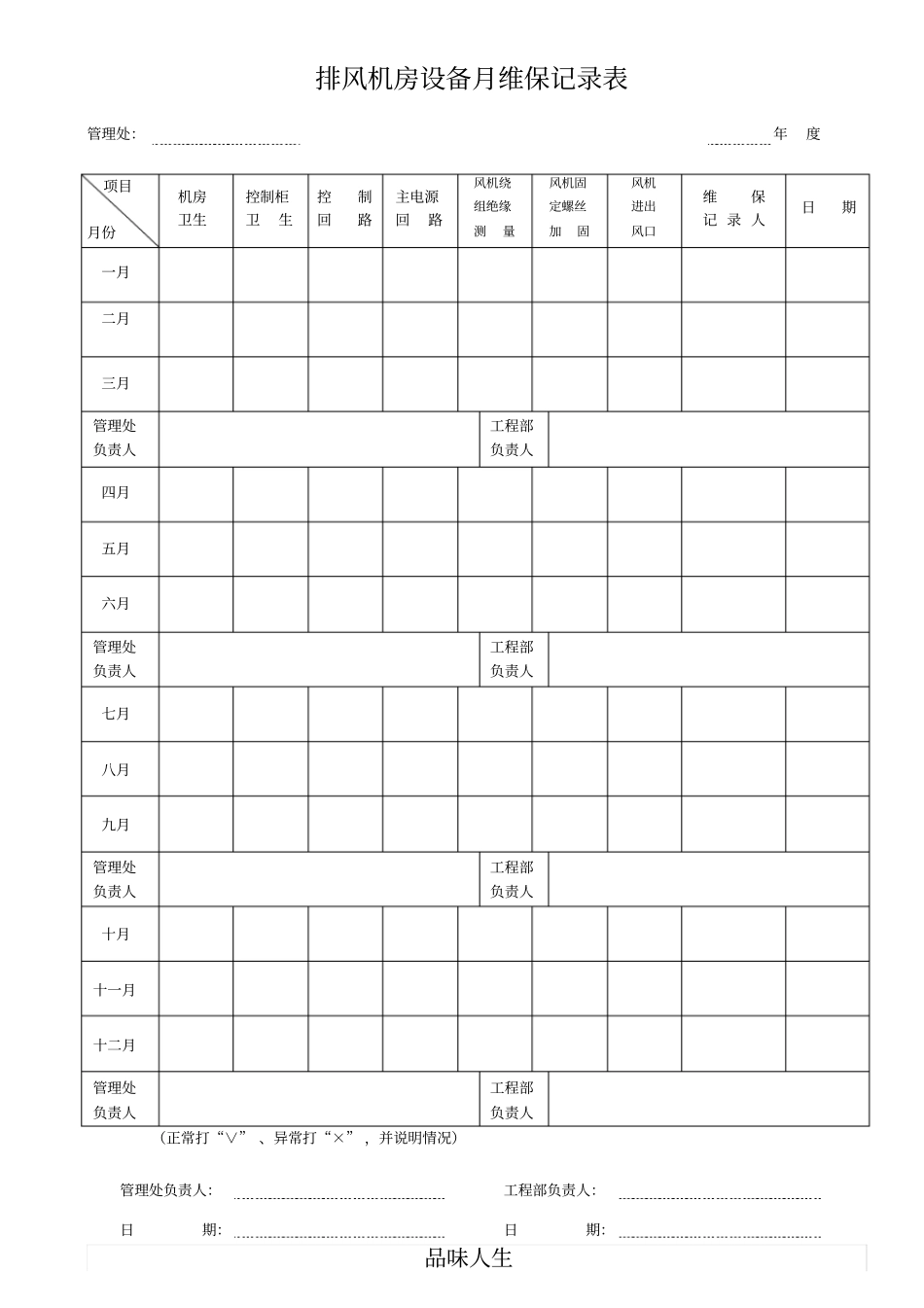 排风机房设备月维保记录表_第1页