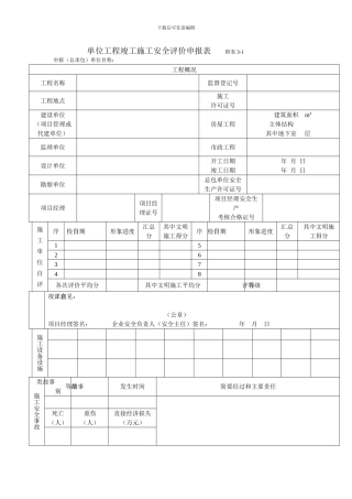 单位工程竣工施工安全评价申报表